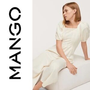 MNG Mango puff sleeve cotton long jumpsuit, cream viscose/cotton/linen blend